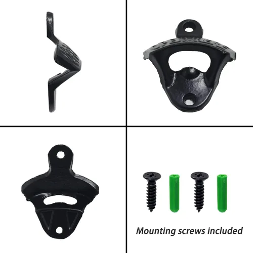 Miniatura 5 de Abridor de botellas de hierro fundido negro montado en la pared con tornillos montables para mesa de poste enfriador de madera (paquete de 3)