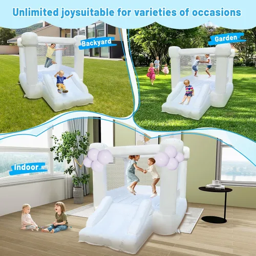 Miniatura 5 de Casa inflable de PVC blanca, casa hinchable con tobogán, casa de rebote para niños 3-6 soplador incluido, 8.7 pies de largo x 6 pies de ancho x 6