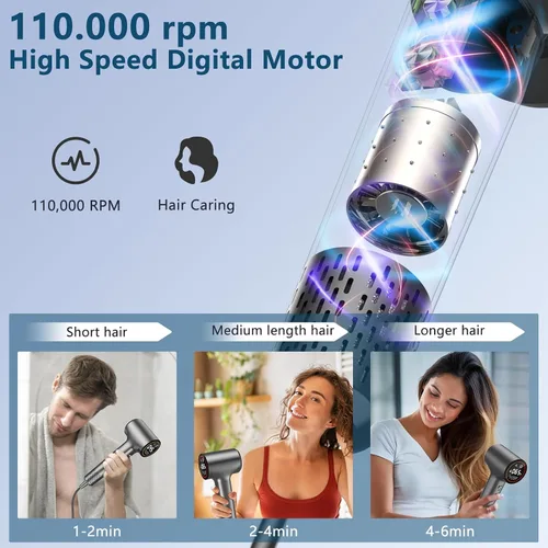 Miniatura 4 de Secador de Cabello, Secadores de Cabello Iónicos para Mujeres/Hombres, 110,000 RPM Pantalla HD Profesional Secador de Soplado de Alta Velocidad
