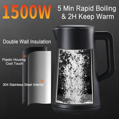 Miniatura 4 de Hervidor eléctrico de acero inoxidable de 1.5 L, tetera de doble pared de tacto fresco, hervido rápido, control preciso de temperatura, pantalla