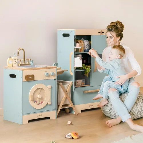 Miniatura 3 de ROBUD Juego de cocina de madera, juego de cocina de juguete para niños con diseño realista, utensilios, máquina de hielo, nevera, horno, lavadora