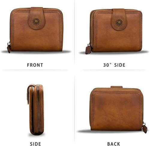 Miniatura 5 de Billeteras de cuero plegables para mujer, estilo vintage, hechas a mano, pequeño, con cremallera, Marrón, Billetera plegable
