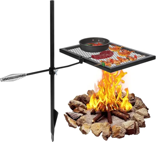 Miniatura 10 de REDCAMP Parrilla plegable giratoria para fogata, parrilla portátil para fogata sobre foso, rejilla de acero resistente y estante para fogata
