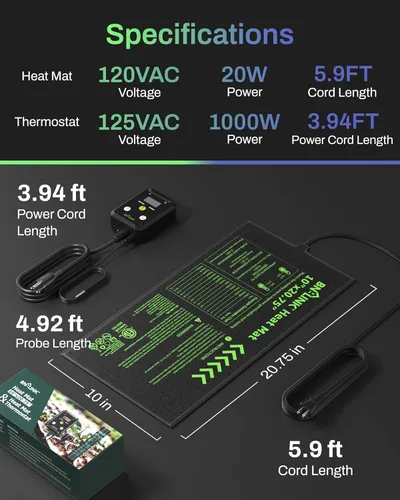 Miniatura 6 de BN-LINK Juego combinado de tapete térmico de plántulas con controlador de termostato, tapete calefactor de plantas de 10 x 20.75 pulgadas