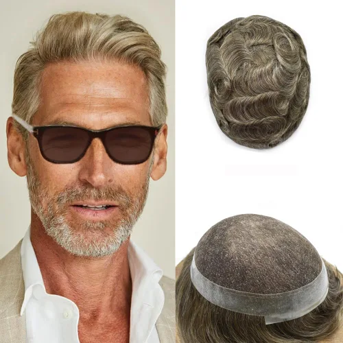 Miniatura 64 de Mens Toupee Hair Piece Real Cabello humano suave francés Encaje Toupee para hombres Sistema de reemplazo de cabello Hombres Hairpieces Hombres