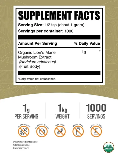 Miniatura 2 de BulkSupplements. com Polvo orgánico de extracto de hongo melena de león - Suplemento en polvo de melena de león, superalimento para el bienestar