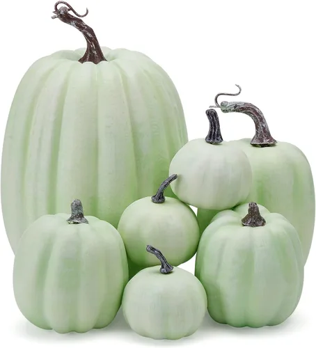 Miniatura 17 de Lizxun 7 calabazas artificiales de Halloween de espuma de imitación de calabaza naranja, calabazas de espuma de cosecha de otoño para otoño, Acción