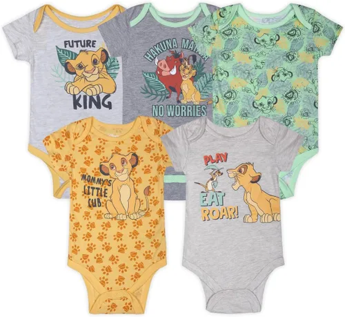 Disney Mickey Mouse, Lion King y Winnie the Pooh Baby Boys Paquete de 5 mamelucos para recién nacidos y bebés