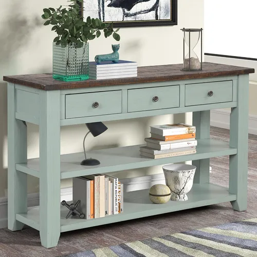 Miniatura 14 de RuiSiSi Mesa consola de 48 pulgadas con 3 cajones y 2 estantes, mesa de sofá de madera de granja para sala de estar, entrada, pasillo, color blanco