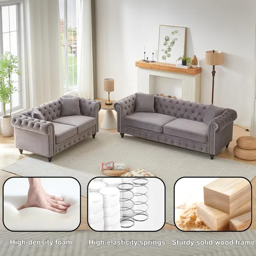 Miniatura 6 de Juego de 2 sofás Chesterfield de terciopelo de 85.5 pulgadas, 3 plazas + 63.5 pulgadas, sofá moderno con brazos enrollados y 2 cojines para sala