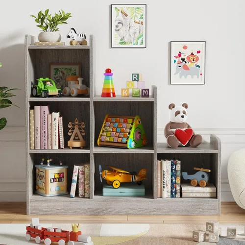 Derfullo Estantería para libros, organizadores y almacenamiento de juguetes de 6 cubos, estantería Montessori pequeña de suelo abierto para Gris