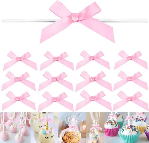 100 lazos rosados de 3 pulgadas para bolsas de golosinas, lazos de satén torcido, lazos preatados con alambre, lazos de cinta con lazos giratorios,