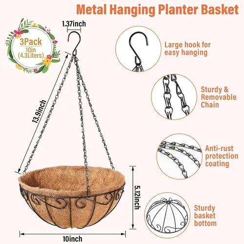 Miniatura 2 de Legigo Paquete de 3 cestas colgantes de metal de 10 pulgadas para plantas al aire libre, macetas colgantes redondas de alambre con forro de fibra