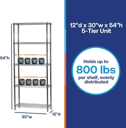 Shelving Inc. Estantería de alambre cromado de 12 pulgadas de profundidad x 30 pulgadas de ancho x 54 pulgadas de alto con estantes de 5 niveles,