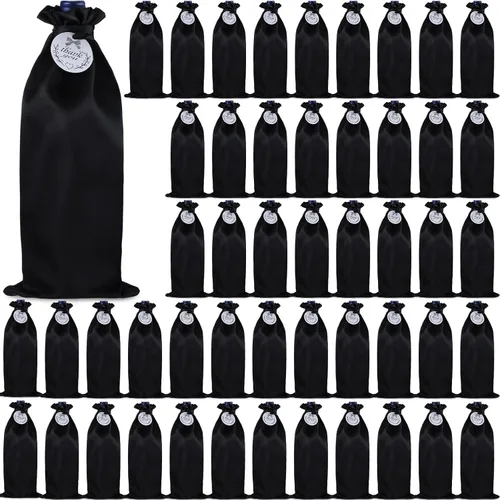 Windyun 50 bolsas de satén para botellas de vino con etiquetas de agradecimiento, bolsas reutilizables de satén con cordón para viajes, Navidad,