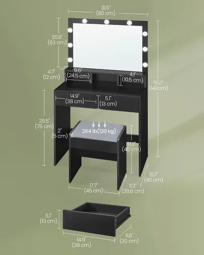 Miniatura 5 de VASAGLE Escritorio de tocador con espejo y luces, tocador de maquillaje con taburete tapizado, 9 luces LED regulables, 3 compartimentos, 2 cajones