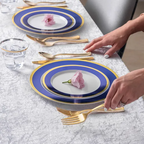 Miniatura 2 de Platos de plástico elegantes desechables de 125 piezas en blanco, azul y dorado con cubiertos, vajilla elegante para bodas, fiestas navideñas, juego