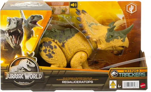 Miniatura 6 de Mattel Jurassic World Wild Roar - Juguete de dinosaurio con sonido y movimiento de ataque, figura de acción Regaliceratops Posable incluye juego