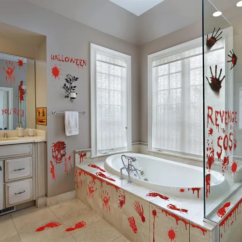 Miniatura 5 de 126 calcomanías de decoración de Halloween, 12 hojas de Halloween para ventana, pared, piso, huellas de manos sangrientas, calcomanías de huellas