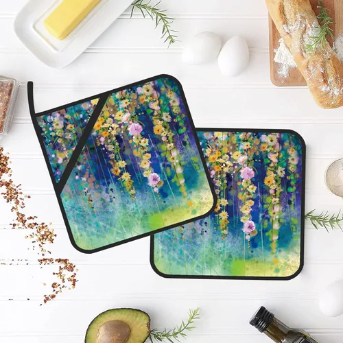 Miniatura 4 de Juego de 2 soportes para ollas de pintura de acuarela floral abstracta, resistentes al calor, para microondas, horno, horno y barbacoa