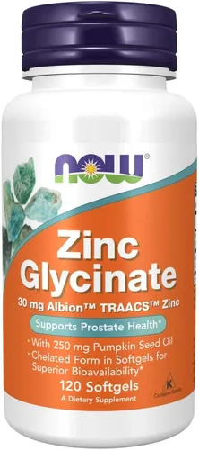 Now Supplements, glicinato de zinc con 250 mg de aceite de semilla de calabaza, apoya la salud de la próstata*, 120 cápsulas blandas