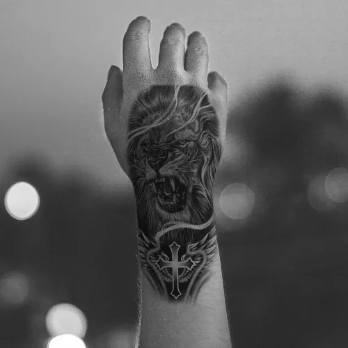 Miniatura 2 de 8 hojas de tatuajes temporales de león, lobo, tigre, para hombres y adultos, brújula de vida silvestre realista, calcomanías falsas de tatuaje