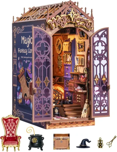 Miniatura 10 de ROBOTIME Kit de Rincón de Libros, Kit de Casa en Miniatura de Princesa de Cuento de Hadas para Bricolaje, Sujetalibros de Rompecabezas de Madera 3D