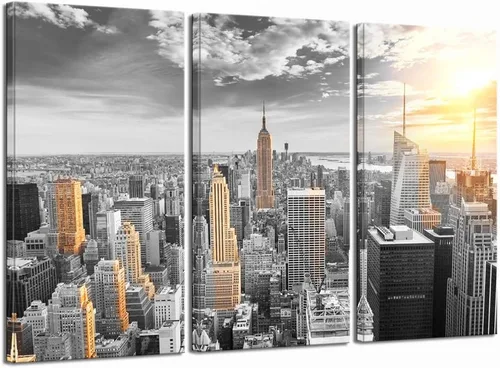 LevvArts Lienzo grande de 3 piezas de arte de pared moderno en blanco y negro NYC en dorado al atardecer, póster de paisaje urbano enmarcado para