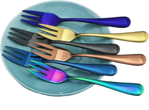 Miniatura 5 de Juego de 6 cubiertos de acero inoxidable de 5.5 pulgadas, tenedores para pastel de frutas, tenedores y tenedores para tartas de frutas