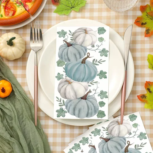 Miniatura 3 de Geyoga 200 servilletas decorativas de papel desechables para invitados de otoño, Día de Acción de Gracias, calabazas azules y blancas, servilletas
