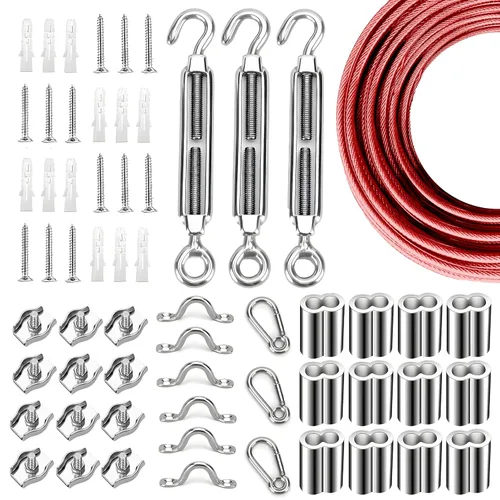Miniatura 5 de Kit de suspensión de luces de cuerda de globo, cable guía de luz para exteriores, cable de acero inoxidable recubierto de vinilo, incluye 50 pies