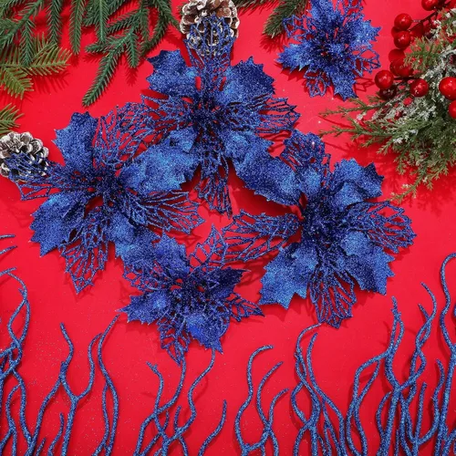 Miniatura 4 de Yinder Juego de 48 flores de Pascua artificiales con purpurina para el día de San Valentín con ramitas, decoración de árbol de Navidad, para corona