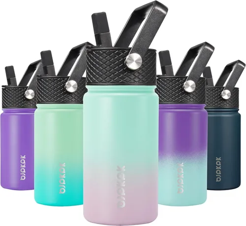 Miniatura 61 de BJPKPK Botella de agua aislada con tapa con pajilla, bonitas botellas de agua de 15 onzas, termo de metal de acero inoxidable, vasos reutilizables