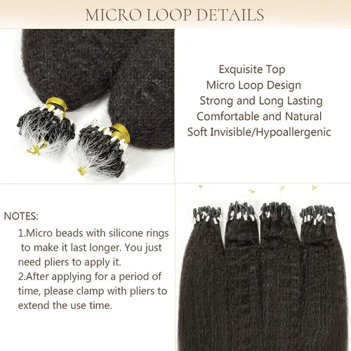 Miniatura 5 de Extensiones de cabello humano con micro anillo, lacio, rizado, color negro natural, largo microenlaces, extensiones de cabello humano para personas