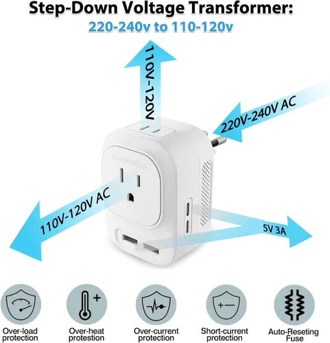 Miniatura 2 de Mapambo Convertidor de voltaje de 220 V a 110 V de EE. UU. a Europa con 2 puertos USB, 2 USB C, convertidor de adaptador de corriente internacional