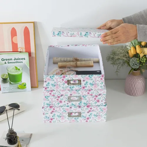 Miniatura 2 de Soul & Lane Cajas de almacenamiento decorativas florales con tapas, juego de 3 bonitas cajas de cartón anidables para fotos, documentos, álbumes