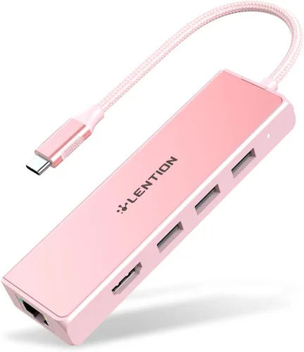 LENTION Concentrador USB C con puerto Gigabit Ethernet, pantalla HDMI 4K, 3 puertos USB-A USB 3.0 para MacBook Pro, MacBook Air, Dell, Lenovo, Oro