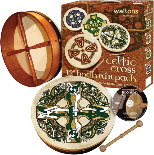 Waltons Bodhrán 12 pulgadas (cruz celta) - Instrumento irlandés hecho a mano - Tono nítido y musical - Batidor de madera dura incluido con compra