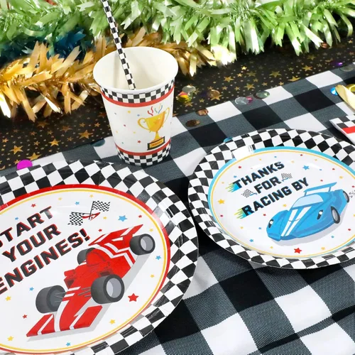 Miniatura 4 de Recheel Suministros para fiestas de coche de carreras, juego de platos y servilletas de papel con temática de carreras a cuadros para cumpleaños
