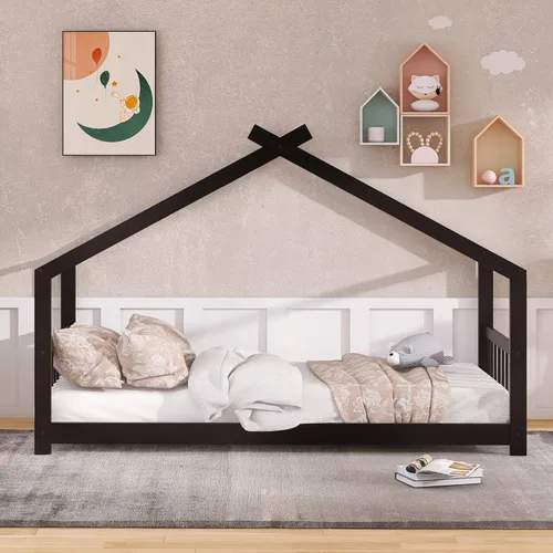 Miniatura 3 de Cama de madera Montessori con plataforma para niños con cabecero y estribo para niños, niñas, adolescentes, café expreso Espresso