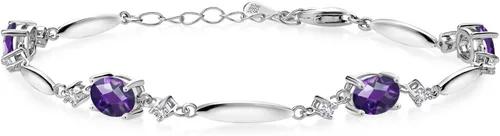 Miniatura 41 de Gem Stone King 925 Sterling Silver Gemstone Birthstone and White Created Sapphire Tennis Bracelet For Women Oval 7X5MM and 2MM 6 Inch + 1 Inch