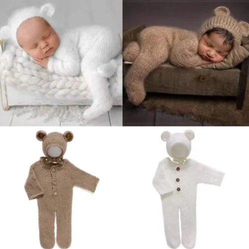 Miniatura 6 de Moda recién nacido niños niñas bebé sesión de fotos accesorios trajes ganchillo ropa mohair sombrero pantalones fotografía accesorios disfraz Caqui