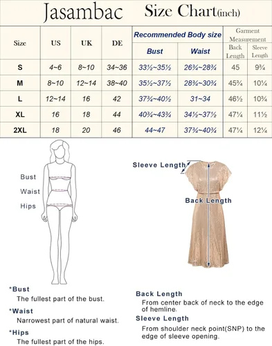 Miniatura 6 de JASAMBAC Vestido de lentejuelas para mujer, cuello redondo, manga corta, con purpurina brillante, con abertura, cintura elástica, vestido de cóctel