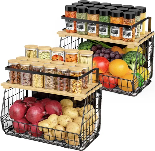 Estante Magnético para Refrigerador con Tapa de Madera: Paquete de 2 Contenedores de Almacenamiento de Frutas, Papas y Cebollas - Estante Magnético