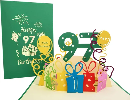 iGifts And Cards Tarjeta desplegable 3D de cumpleaños 97, regalos coloridos y celebración de hitos de globos, saludo sincero para personas mayores,