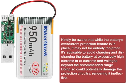 Miniatura 5 de MakerHawk Batería LiPo de 3.7 V 950 mAh recargable 1S 3C batería de polímero de litio con placa de protección cinta de goma aislada, enchufe micro