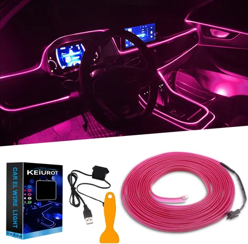 Miniatura 10 de Luces de cable EL para el interior del coche, luz de panel azul neón de 16 pies/5 m, tira de luz LED para coche, USB 5V, decoración
