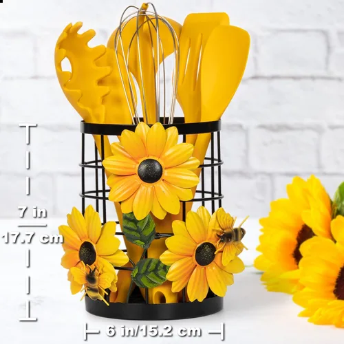 Miniatura 6 de Organizador de utensilios de cocina de girasol con juego de utensilios de cocina de silicona, 6 piezas, soporte para recipiente, decoración