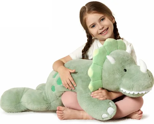 Tezituor Animales de peluche de dinosaurio de 5 libras, 32 pulgadas, gran relleno verde de dinosaurio triceratops, juguete que brilla en la