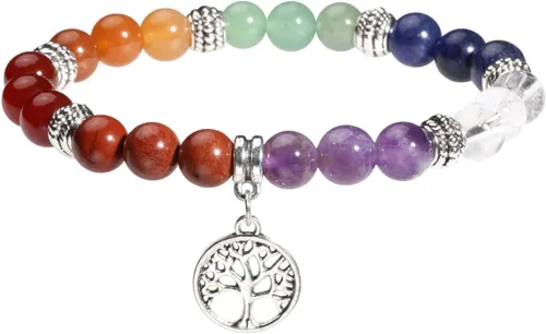 Miniatura 21 de Eigso Pulsera elástica de piedra de cristal de meditación curativa de 7 chakras para mujer con símbolo de loto, yoga, árbol, OM